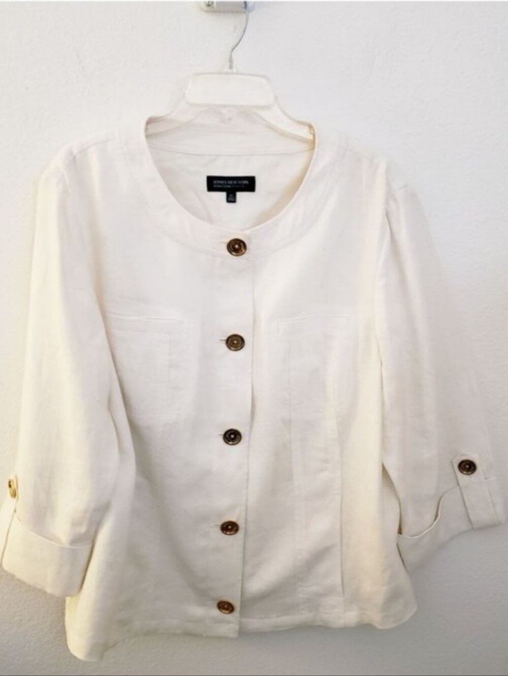 Jones New York 100% Linen Collarless Jacket, Pockets Goldtone Buttons Size 2X